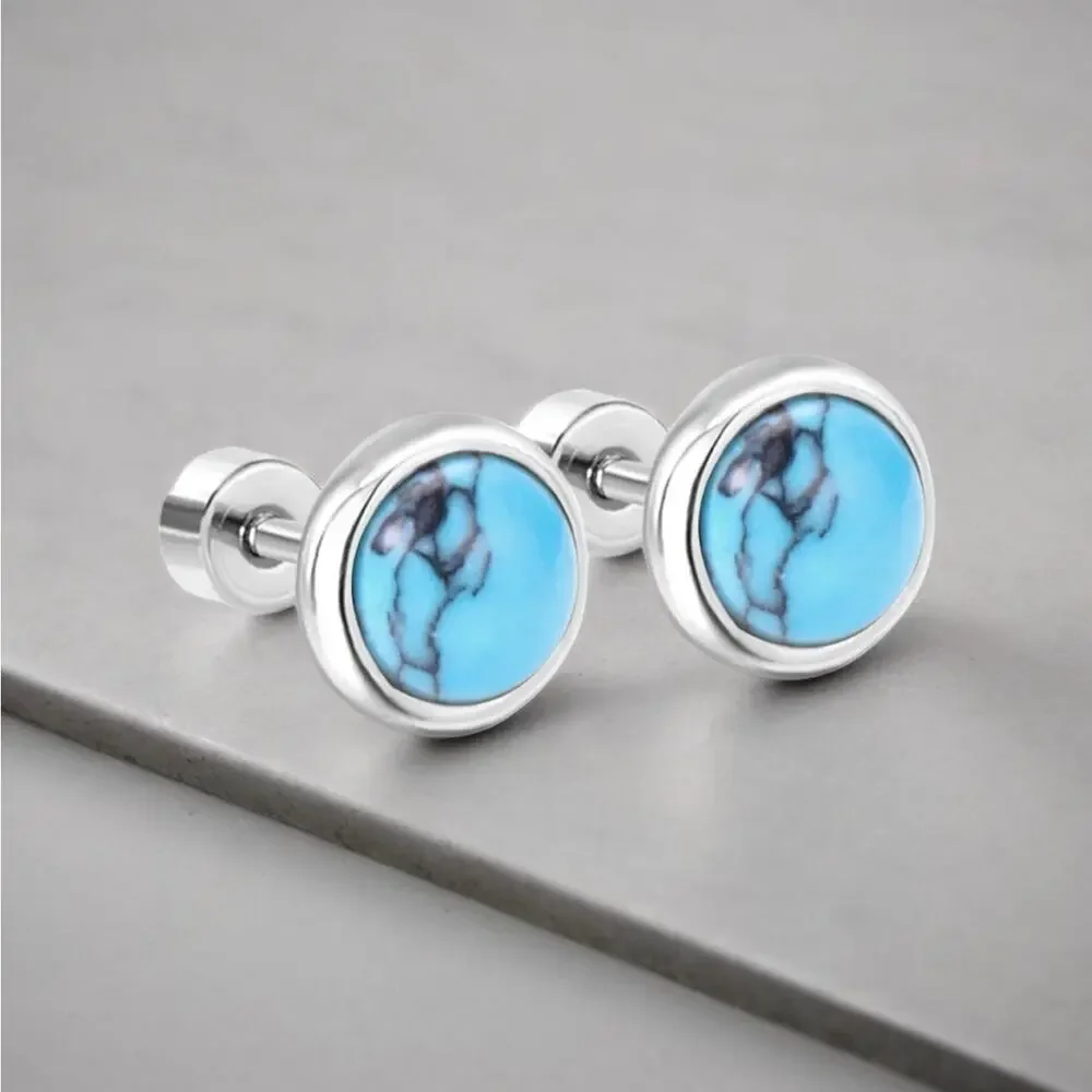 NEW 14K white gold plated blue turquoise stud earrings jewelry B28A
